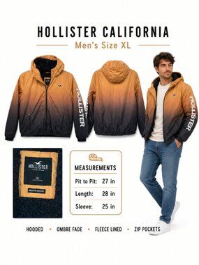 Hollister Men’s XL Epic Flex Sherpa Lined Jacket Ombre Yellow Black Spellout Dry